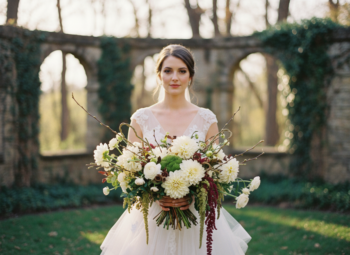 Bride with ivory dahlia and twisted willow bridal bouquet in old world garden