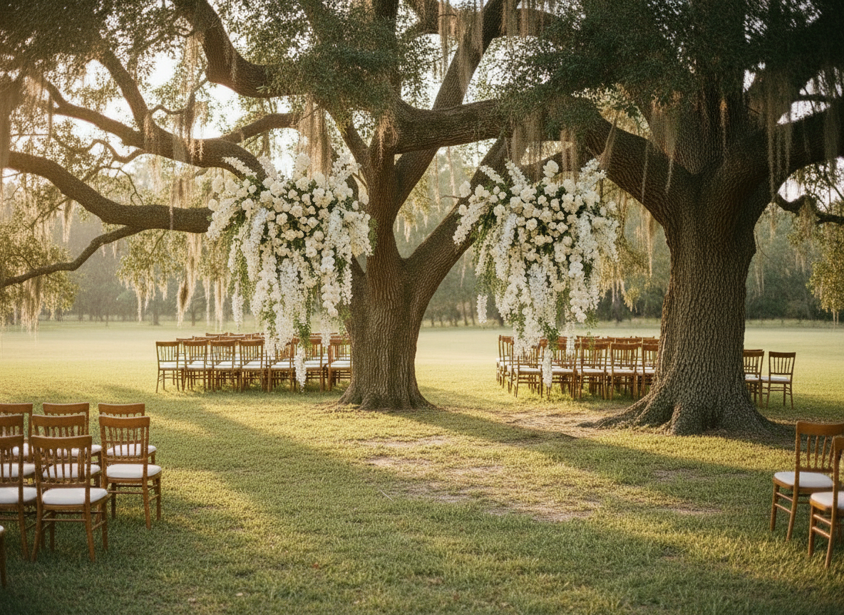Aisle view of two floral chandeliers hanging from live oak tree with ceremony chairs at golden hour