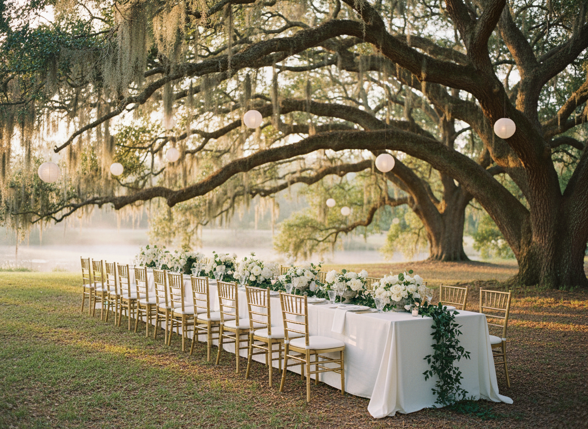 Southern oak reception tablescape with lanterns and misty backdrop