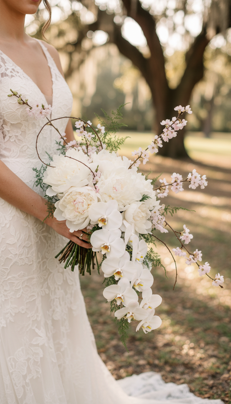 Ikebana bridal bouquet with cascading peonies and orchids under live oaks