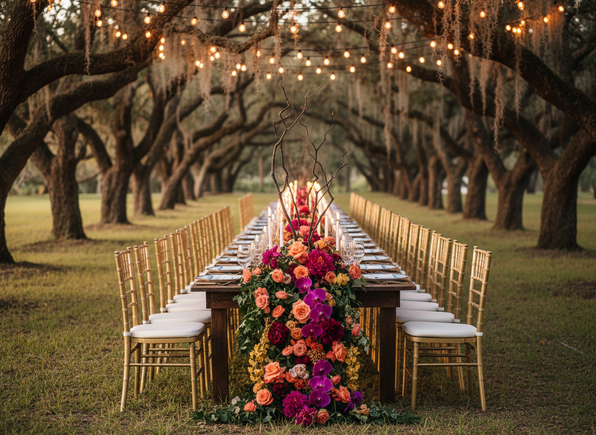 Colorful Japanese Southern reception table with cascading orchids under string lights