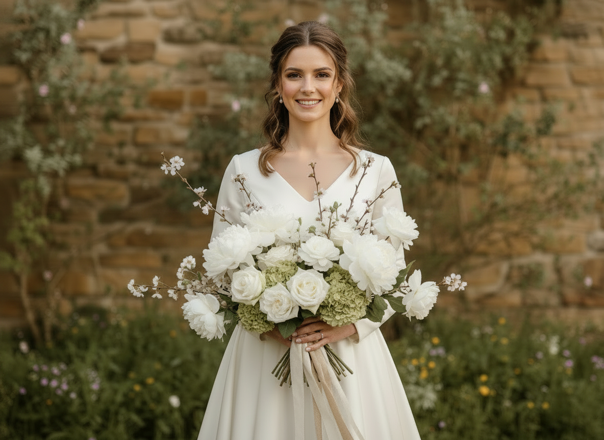 Bridesmaid with full lush bouquet of white peonies, roses, hydrangeas and cherry blossoms