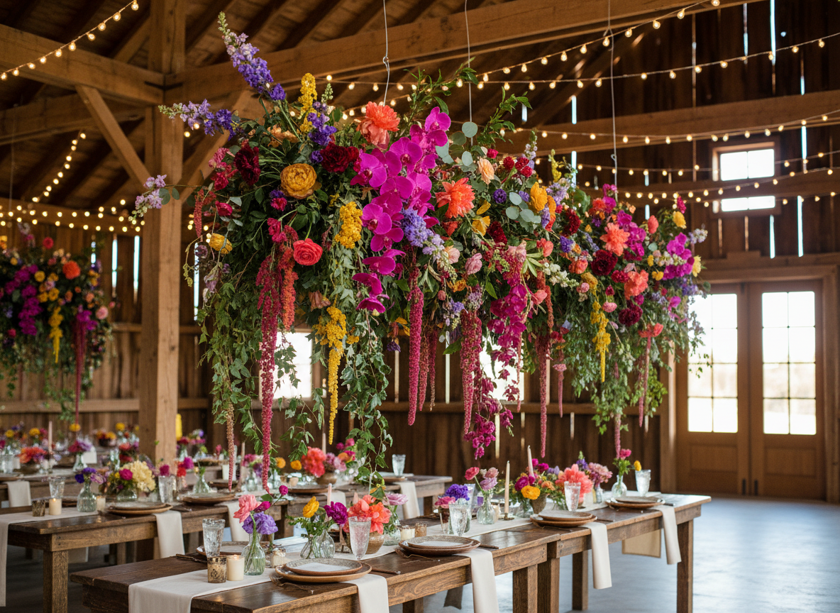 Colorful hanging floral installation in rustic barn venue