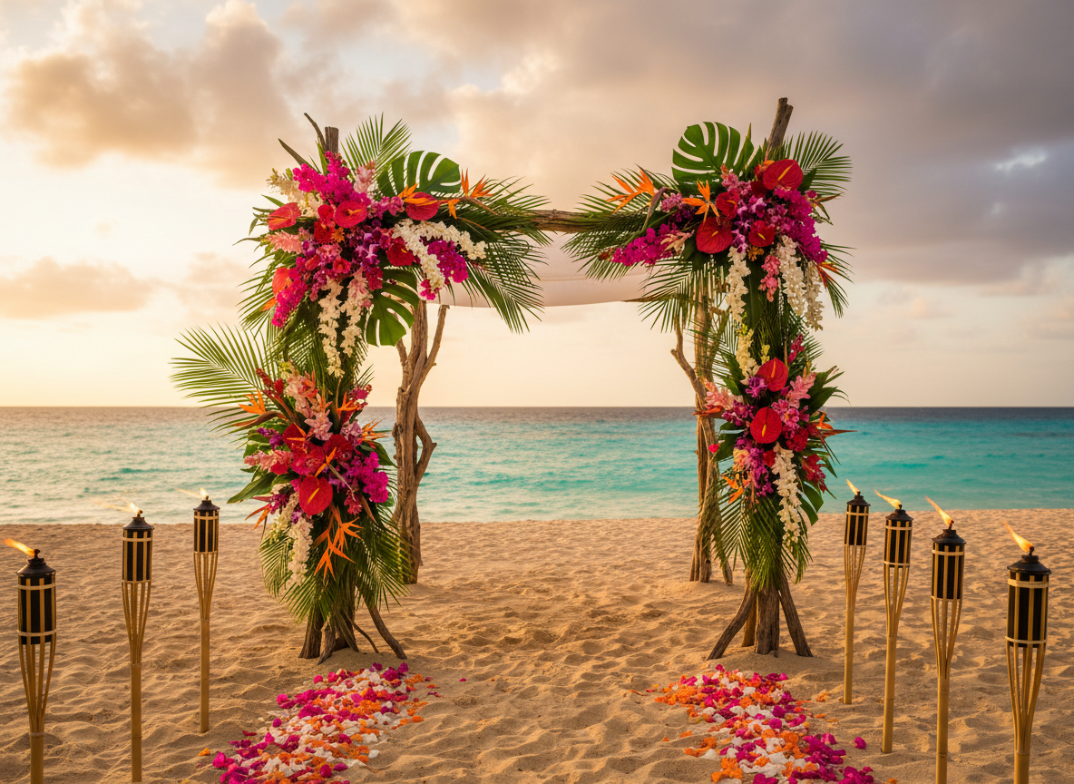 Tropical driftwood beach chuppah with bougainvillea and birds of paradise