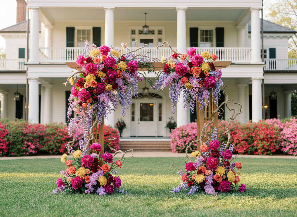 Colorful ceremony arch at historic Southern mansion with wisteria
