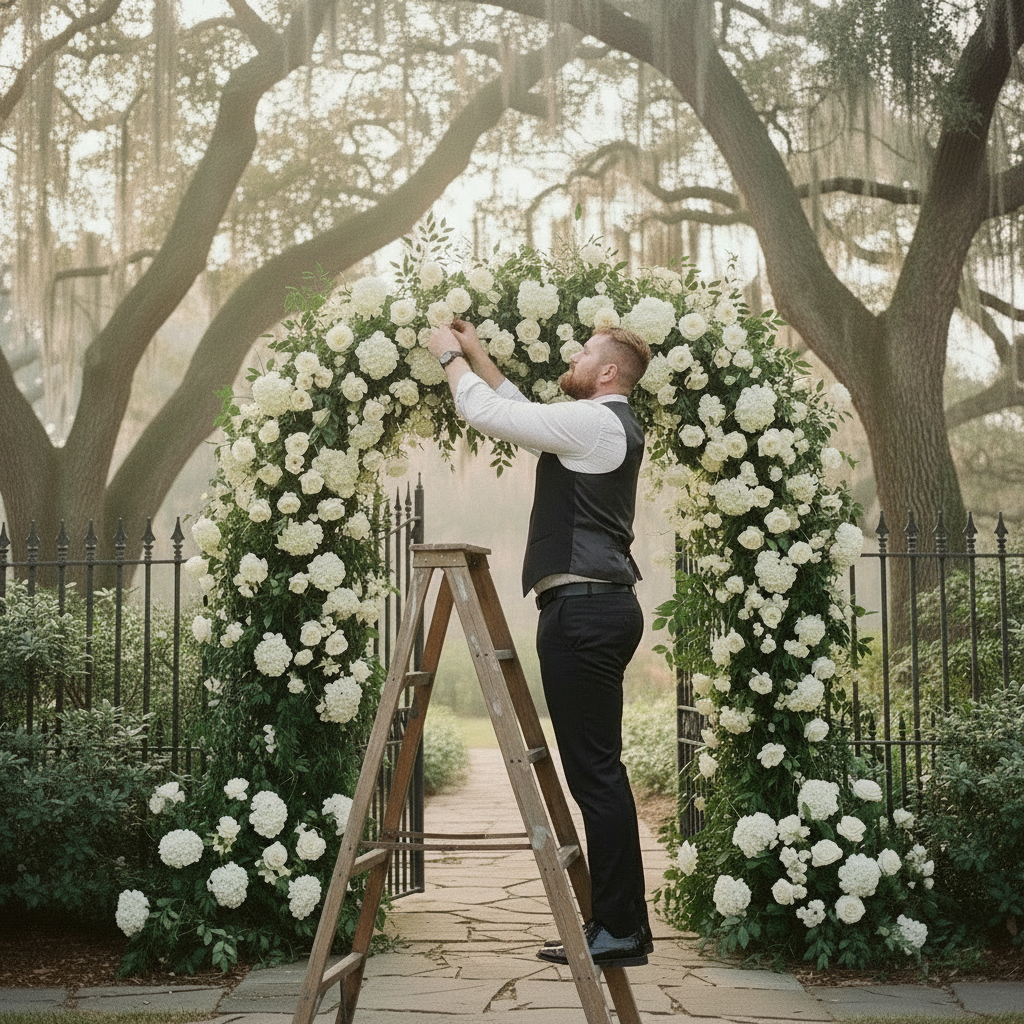 Florist on a ladder building a full white rose and hydrangea arch at a Southern garden gate