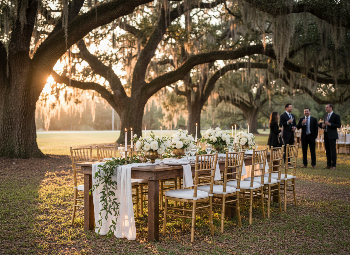 Southern oak reception table with gold chairs and floral runner