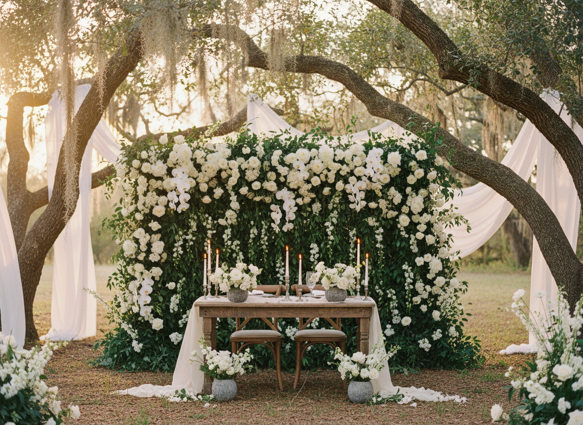 Sweetheart table with lush floral backdrop and candles under oaks