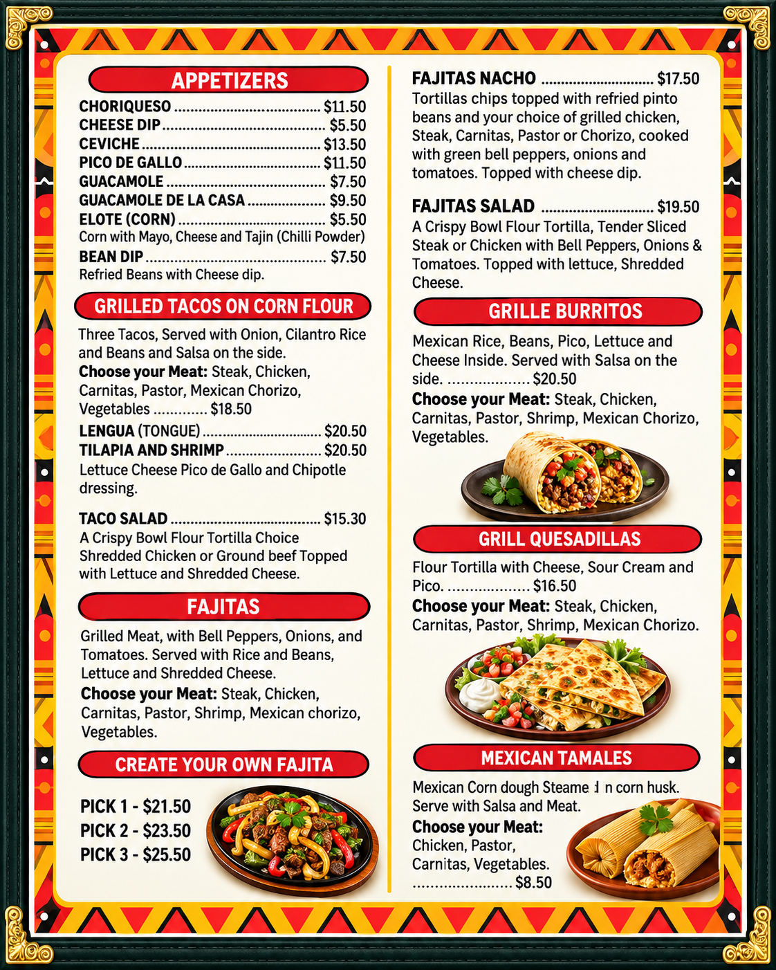 Gio's Mexican Food Menu – Appetizers, Tacos, Fajitas, Burritos & Quesadillas