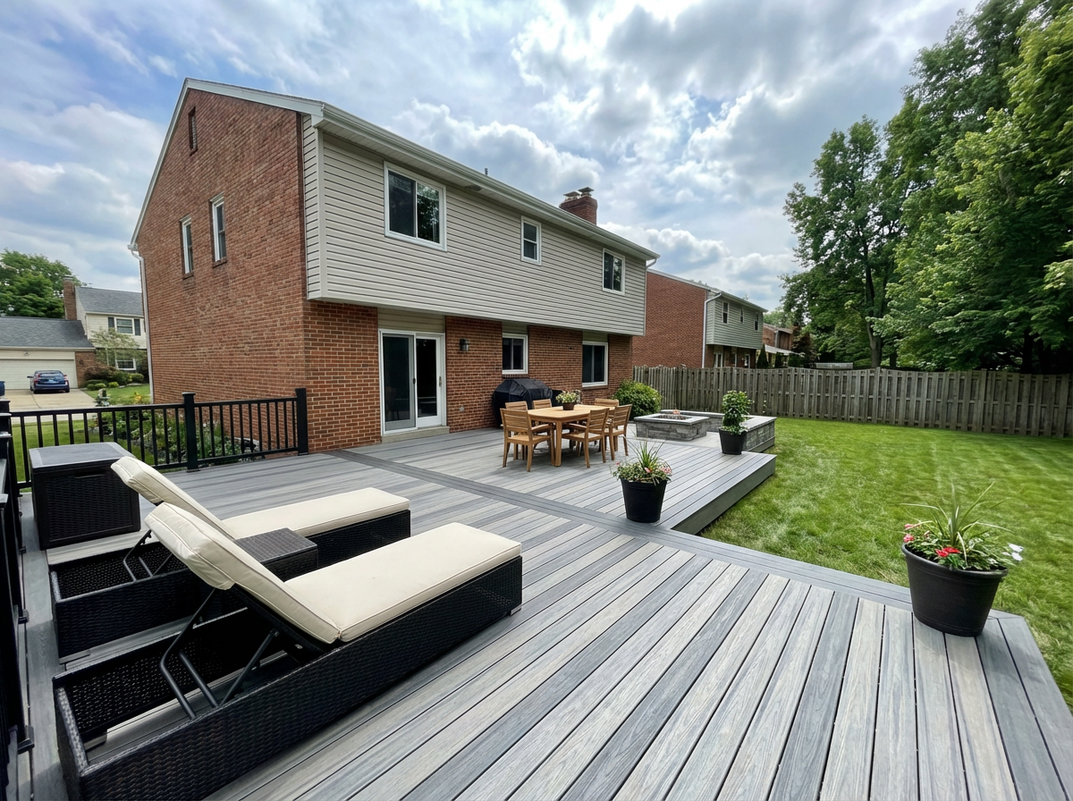 Beautiful newly built composite deck in residential backyard