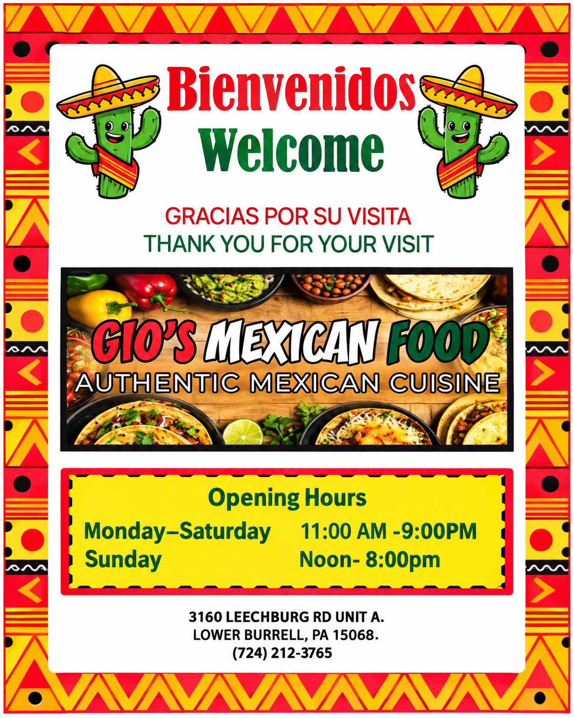 Gio's Mexican Food – Bienvenidos Welcome Poster with Hours