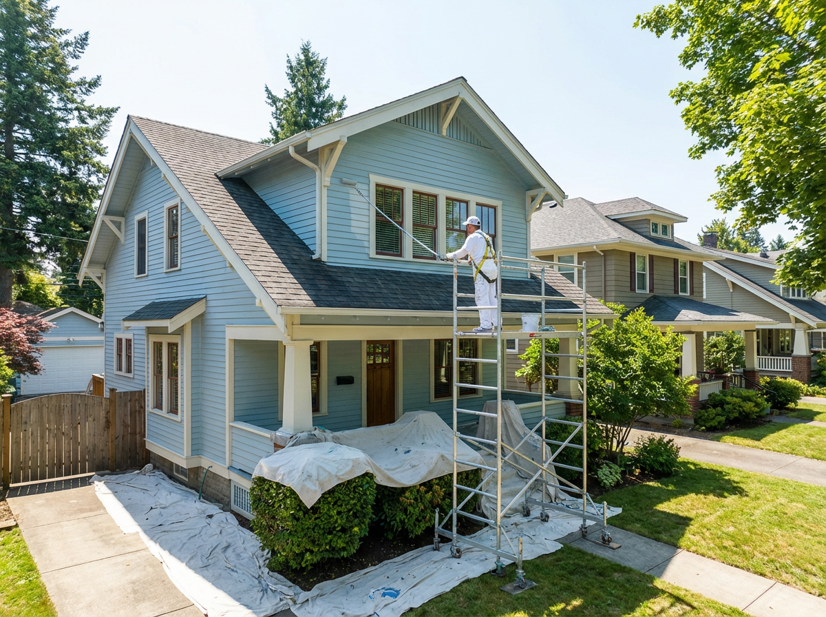 Professional exterior house painting in progress
