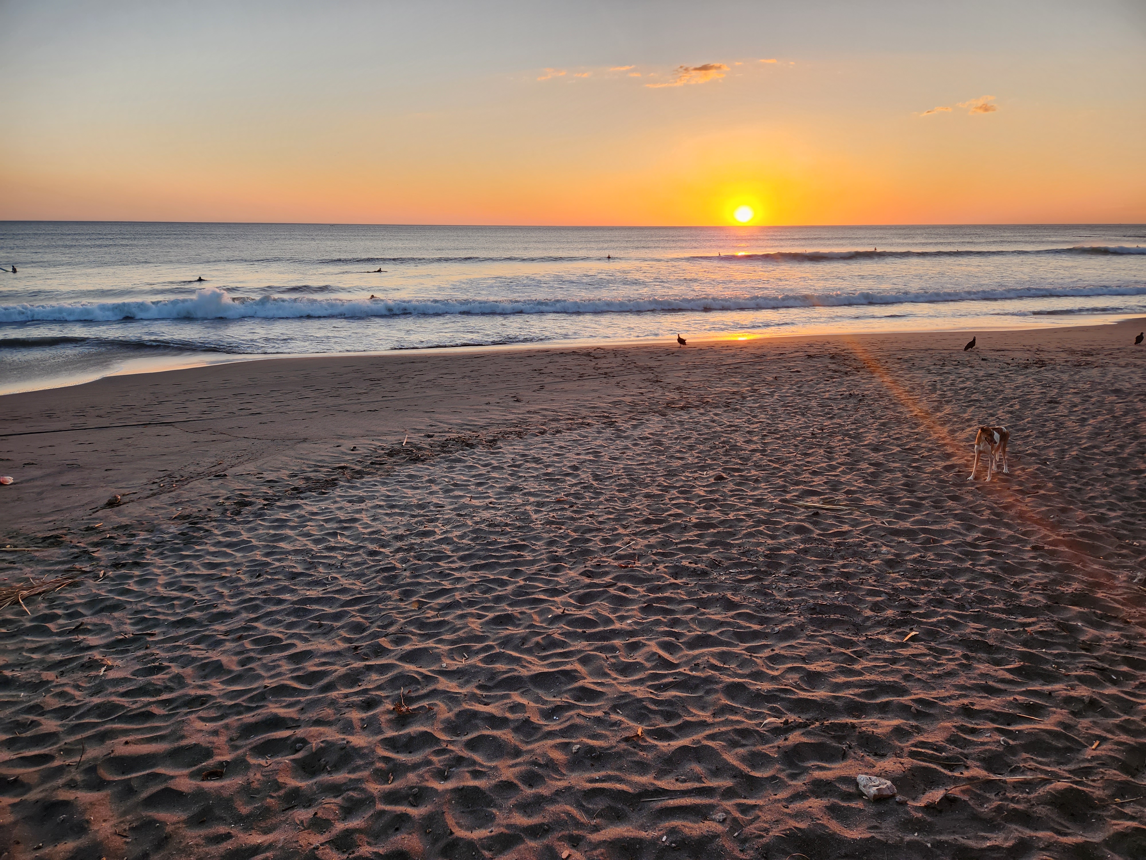 Coucher de soleil sur la plage d'El Tránsito avec surfeurs