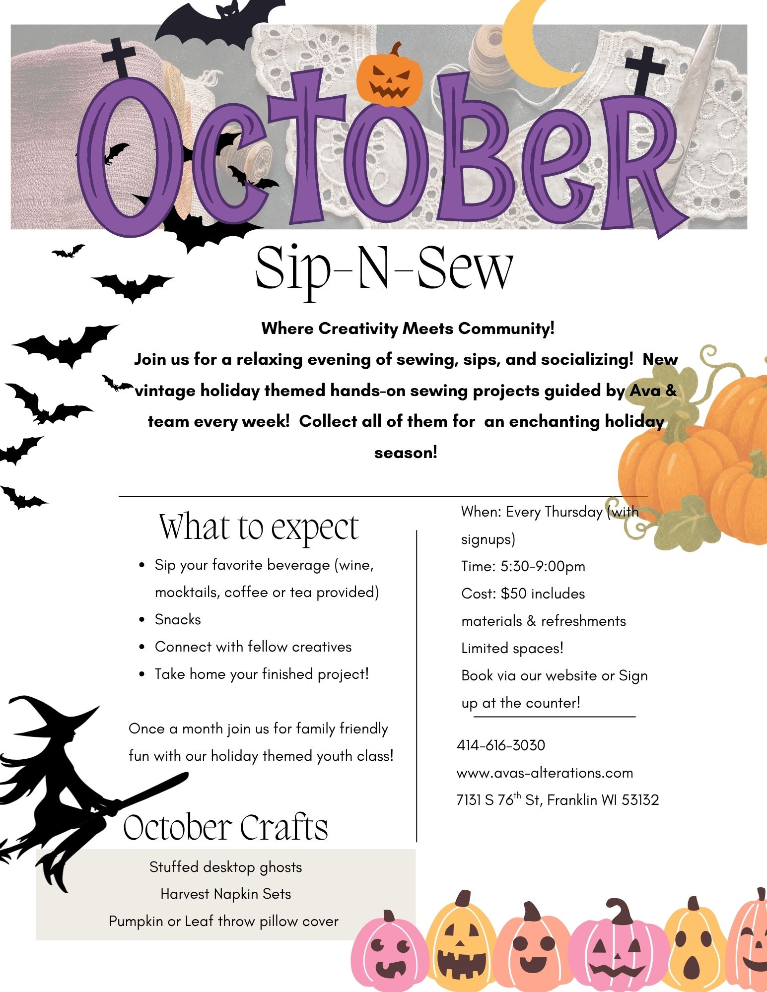 October Sip-n-Sew flyer β vintage holiday themed hands-on sewing projects every Thursday, 5:30-9:00pm, $50 includes materials and refreshments