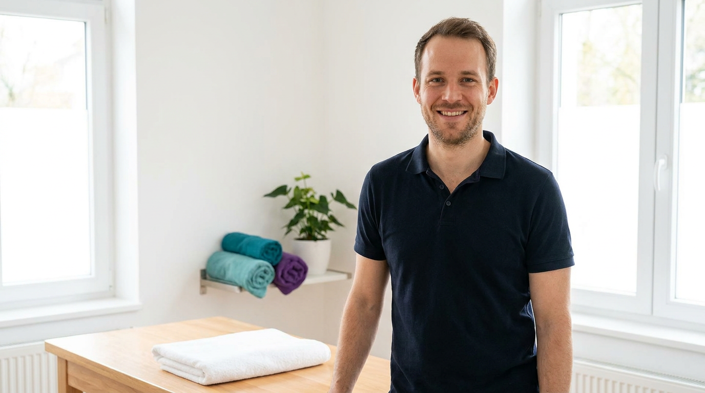 A bright massage studio in Toronto with a friendly man smiling beside a massage table