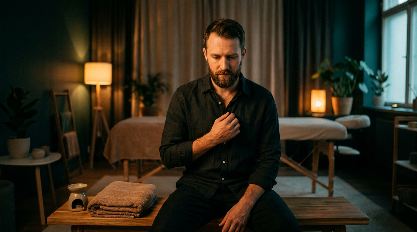 A calm man sitting quietly in a softly lit massage studio — boundaries and clarity on ManMassage.ca