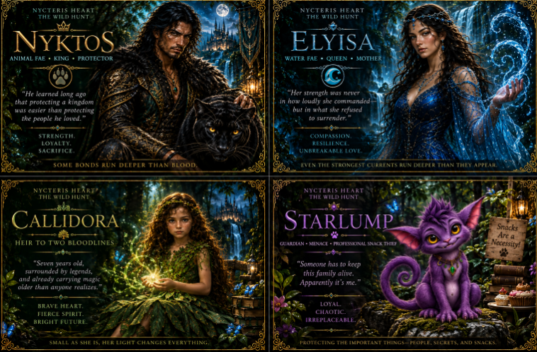 Nyktos's Family — Nyktos (Animal Fae, King, Protector), Elyisa (Water Fae, Queen, Mother), Callidora (Heir to Two Bloodlines), and Starlump (Guardian, Menace, Professional Snack Thief) from Nycteris Heart: The Wild Hunt