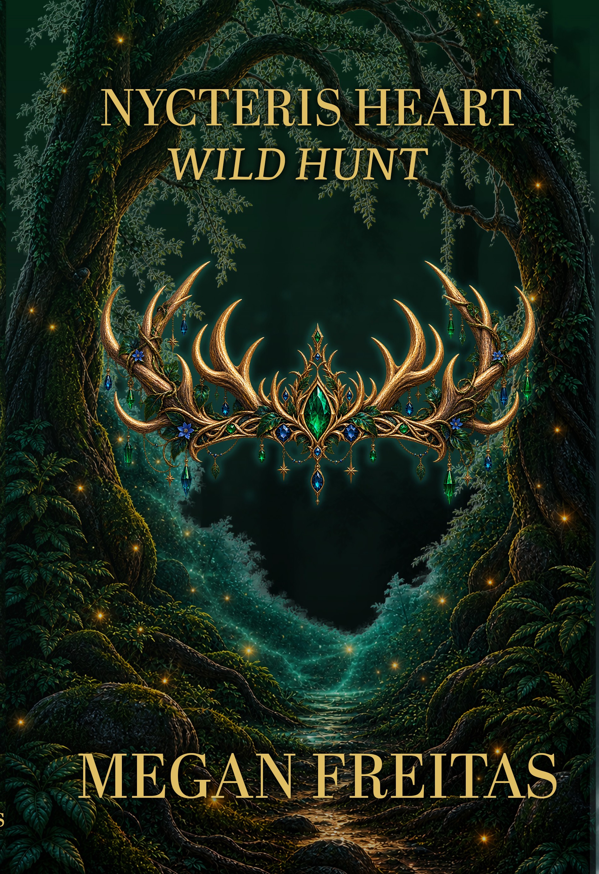 Nycteris Heart: The Wild Hunt book cover — Book 3 by Megan Freitas featuring an enchanted antler crown with emerald and sapphire gems in a mystical forest