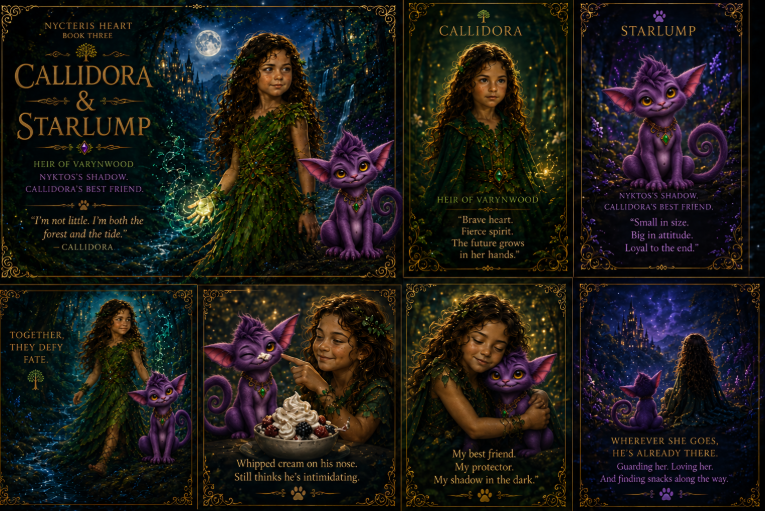 Callidora and Starlump final character art — A collage featuring Callidora, Heir of Varynwood, a young girl with curly hair in a green leafy dress, and Starlump, a purple cat-like guardian with glowing eyes, in an enchanted moonlit forest. Includes character quotes and scenes of their bond.