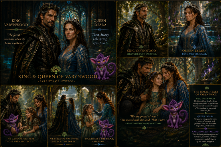 King Varynwood and Queen Lysara — The King and Queen of Varynwood, parents of Nyktos, with their granddaughter Callidora and Starlump in the enchanted forests of Varynwood