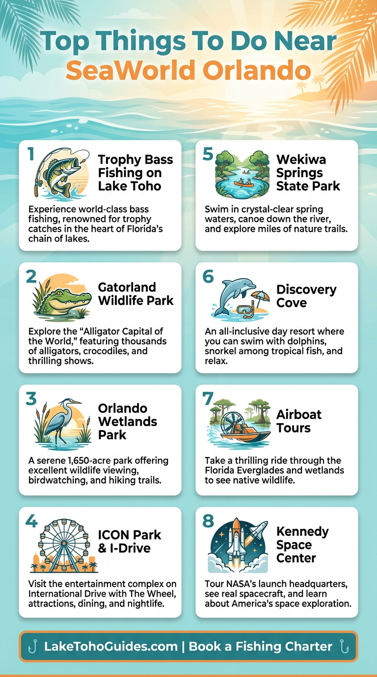 Top 8 things to do near SeaWorld Orlando — infographic showing bass fishing, Gatorland, Kennedy Space Center and more