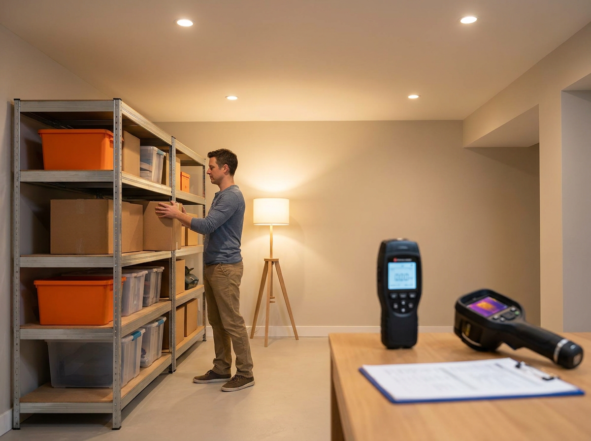 Homeowner preparing home for inspection by clearing storage areas and organizing basement shelves
