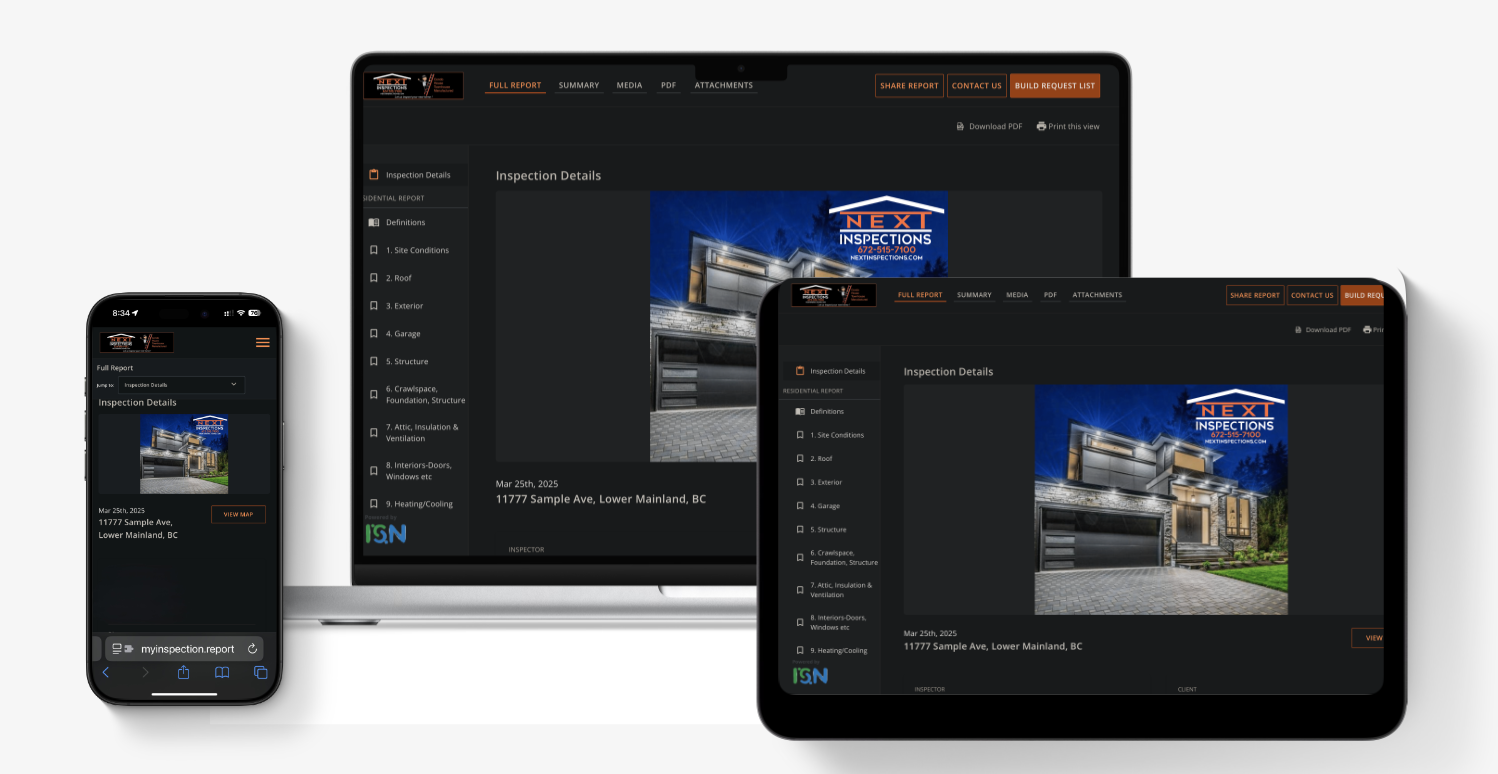 Next Inspections sample report shown on laptop, tablet, and phone — interactive, colour-coded, and mobile-friendly