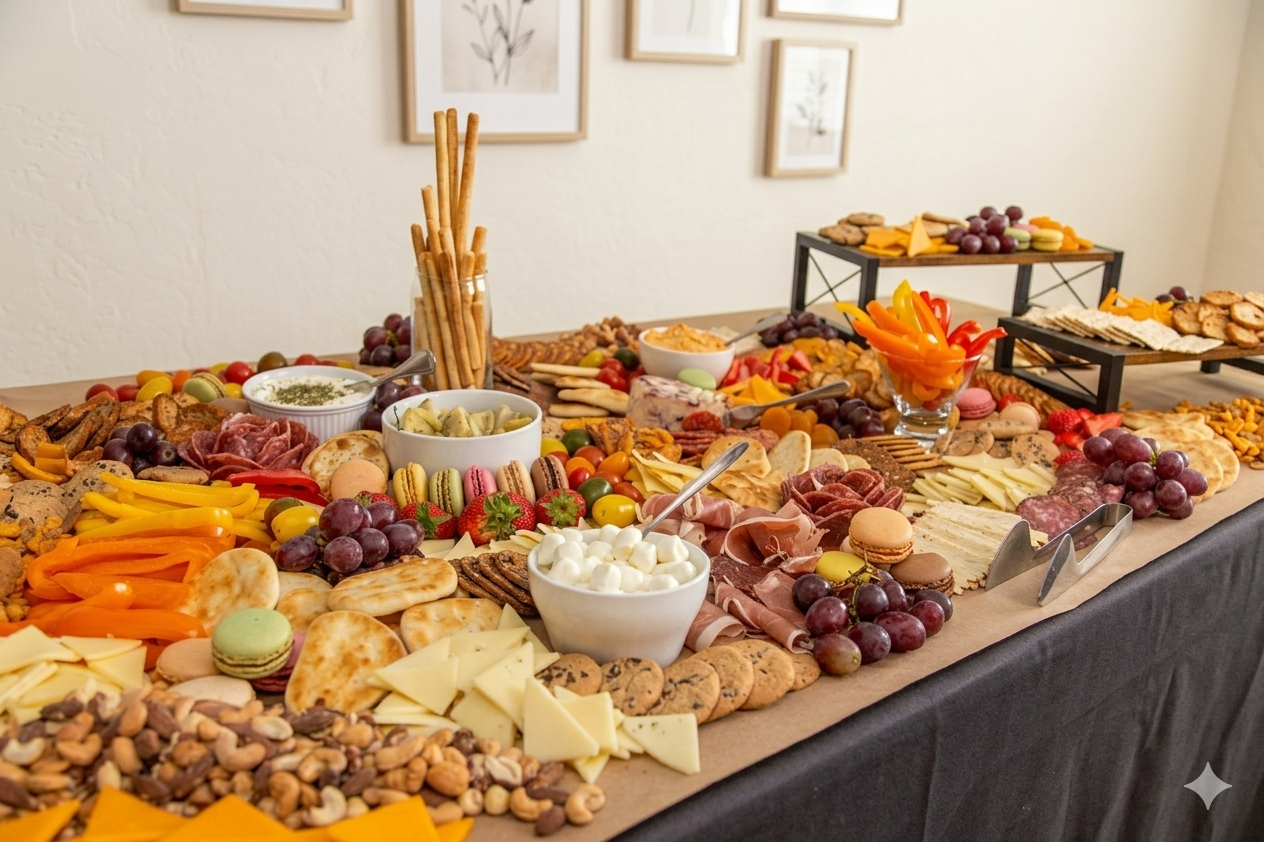 Massive grazing table with charcuterie, cheeses, macarons, breadsticks, fresh vegetables, and nuts