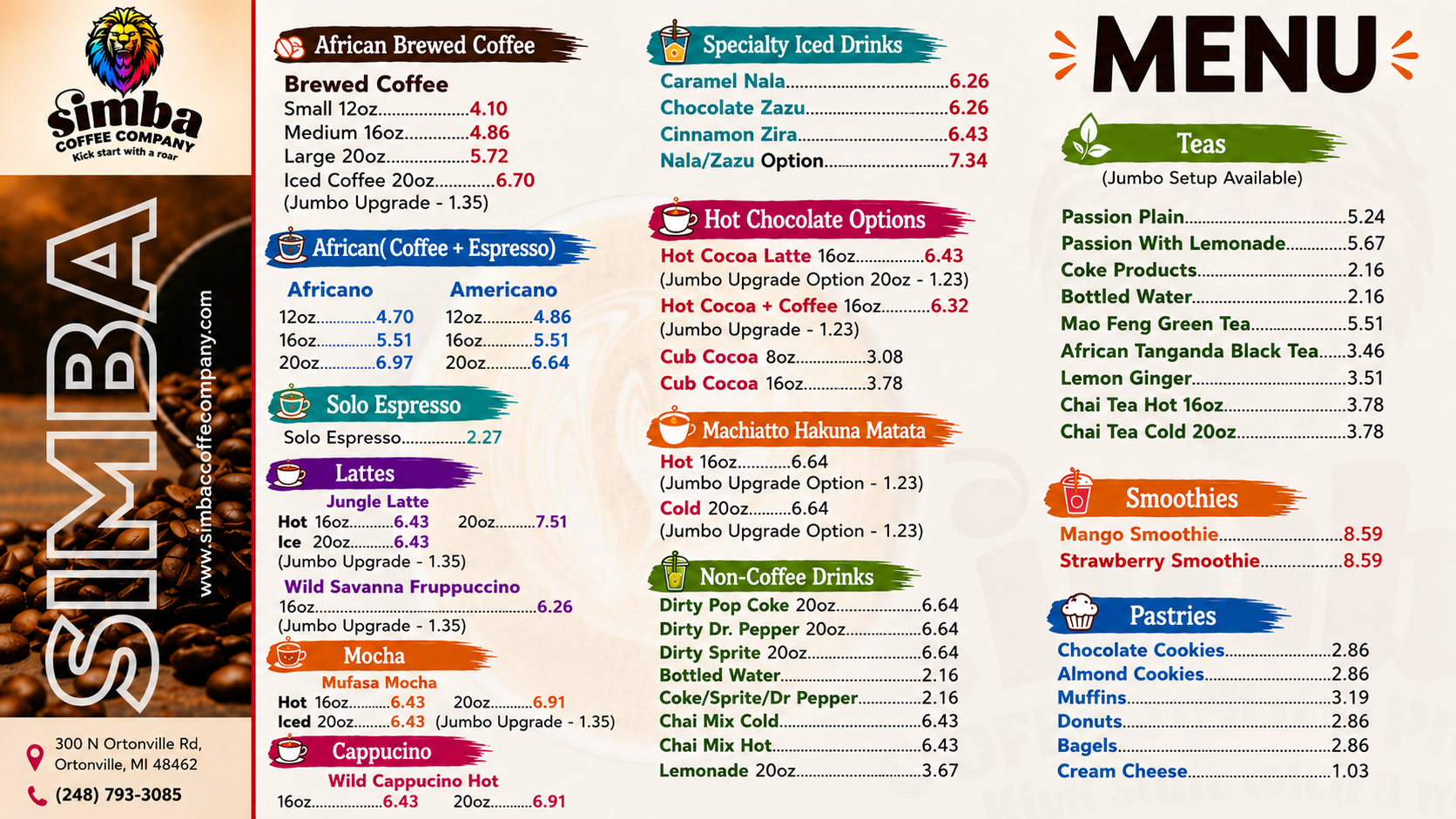 Simba Coffee Co. Ortonville menu