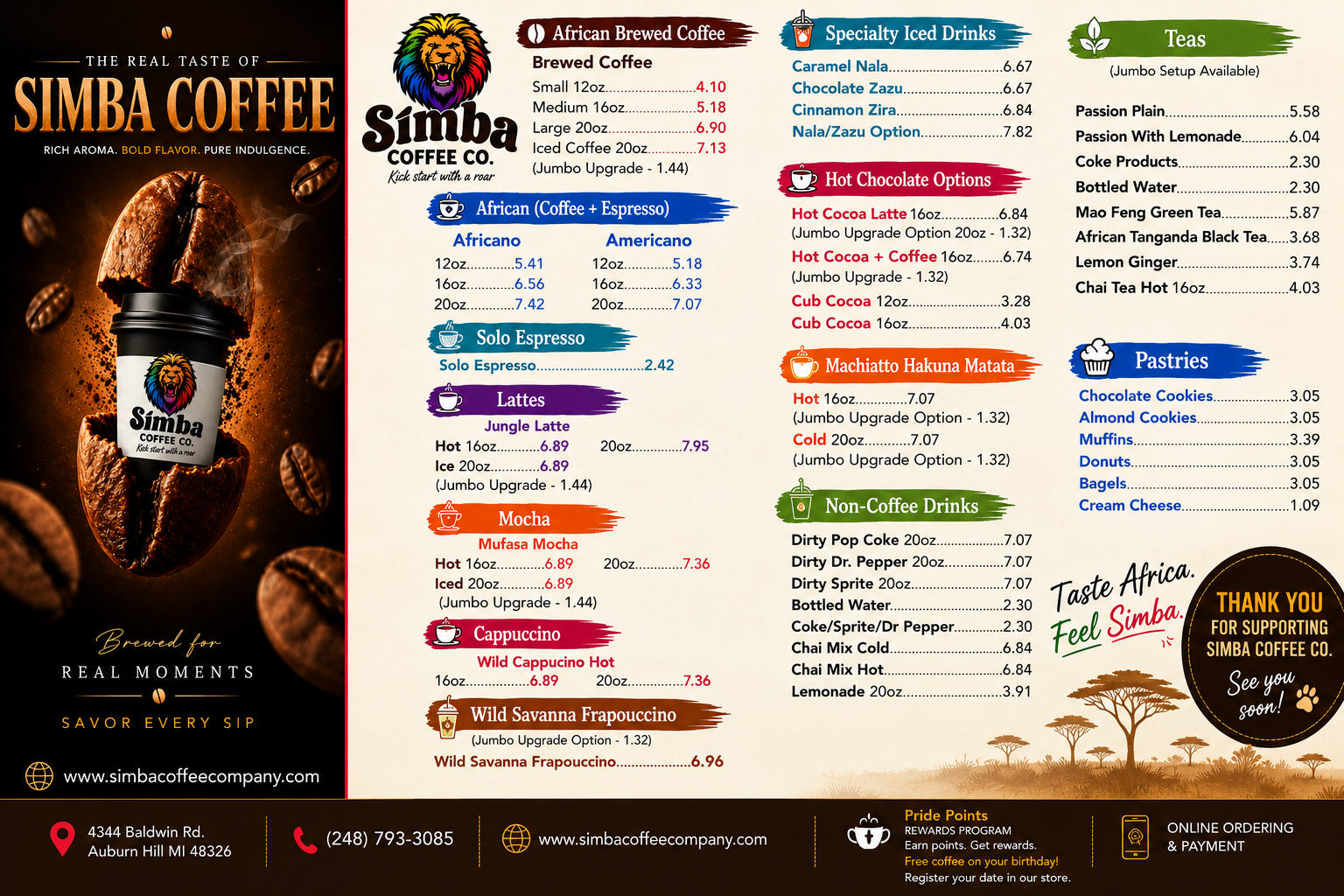 Simba Coffee Co. Auburn Hills menu