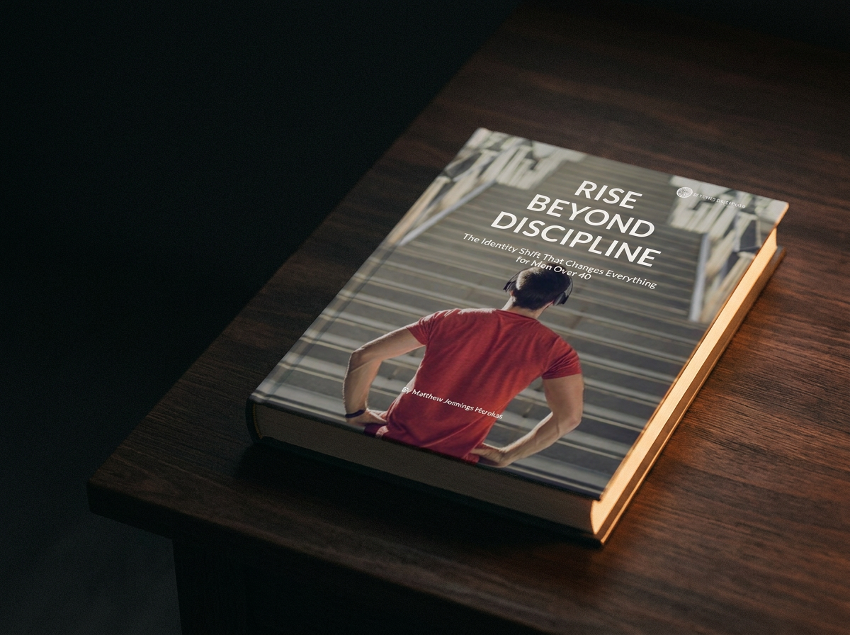 The Rise Beyond Discipline book resting on a dark desk in warm bronze light — free in your first email