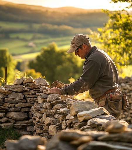 A man building a dry stone wall at golden hour — the self-paced work of laying a foundation that holds