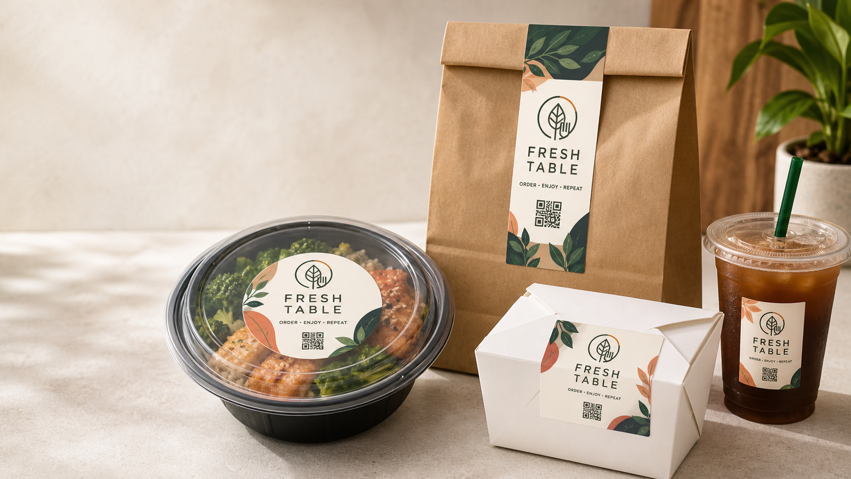 Custom Food Delivery Labels for Restaurants - Branded Takeout Bags, Meal Prep, and Beverage Packaging Custom food delivery labels on restaurant takeout bags, meal prep containers, clamshell boxes, and beverage cups - branded delivery packaging with QR code for restaurant branding
