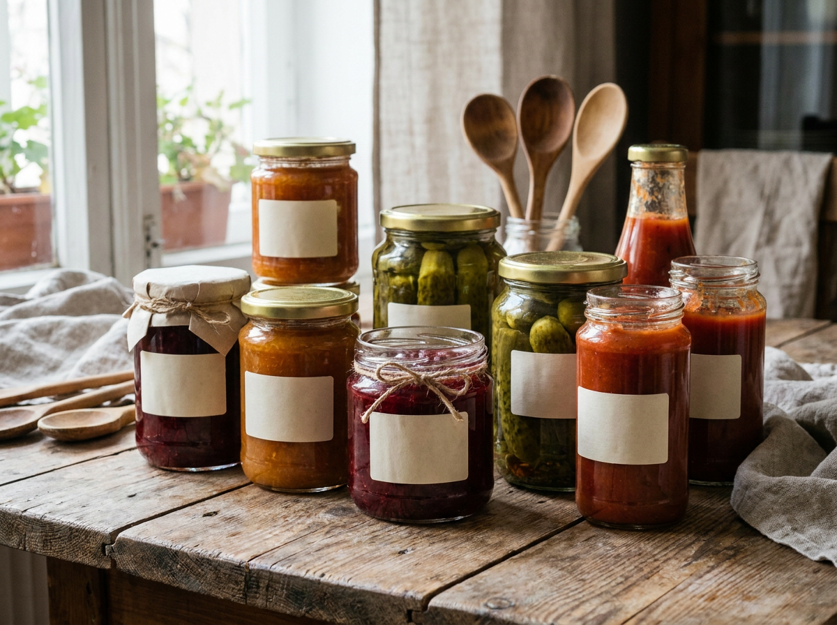 Custom Labels for Glass Jars: What Works for Sauces and Preserves Glass jars of preserves and sauces on a wooden table, each with a blank paper label