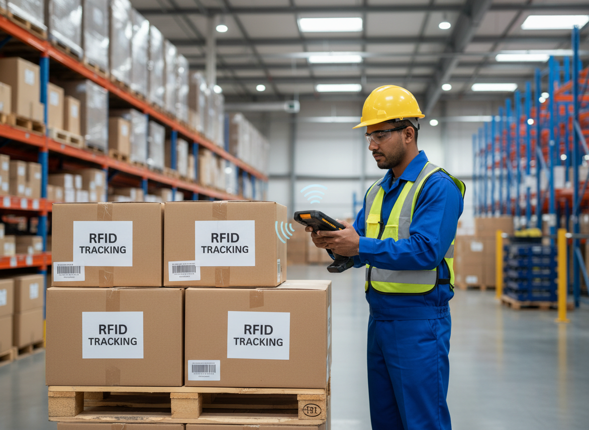 Warehouse RFID inventory tracking - worker scanning pallet labels with handheld RFID reader