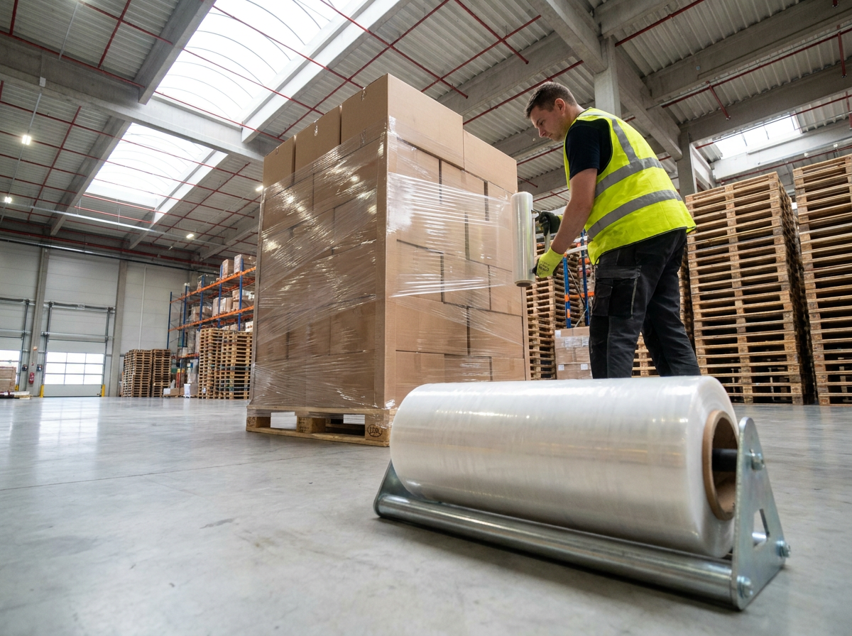 How to Choose the Right Stretch Film for Pallet Wrapping (Hand vs. Machine) Warehouse worker hand-wrapping a pallet of boxes with clear stretch film
