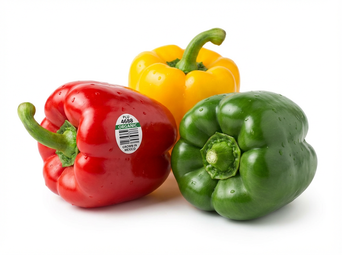 Fresh bell peppers with custom PLU label stickers