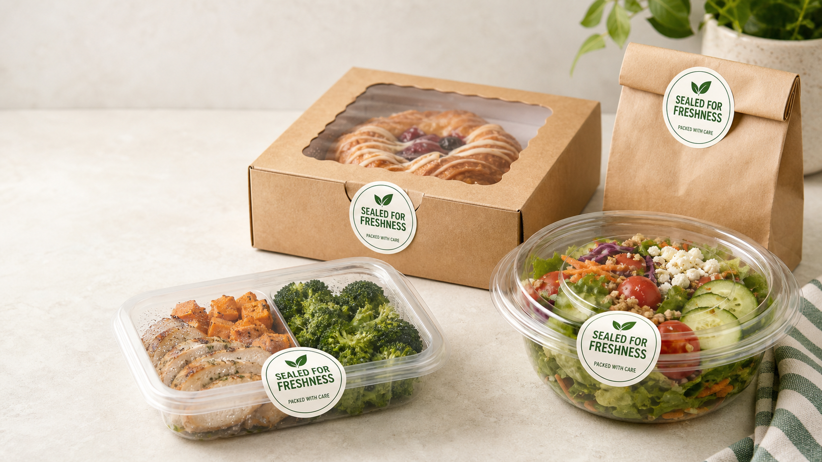 Sealed for Freshness Stickers for Meal Prep, Bakery, and Food Packaging Sealed for Freshness stickers on meal prep containers, bakery boxes, kraft paper bags, and deli trays - green leaf packaging seals for food freshness