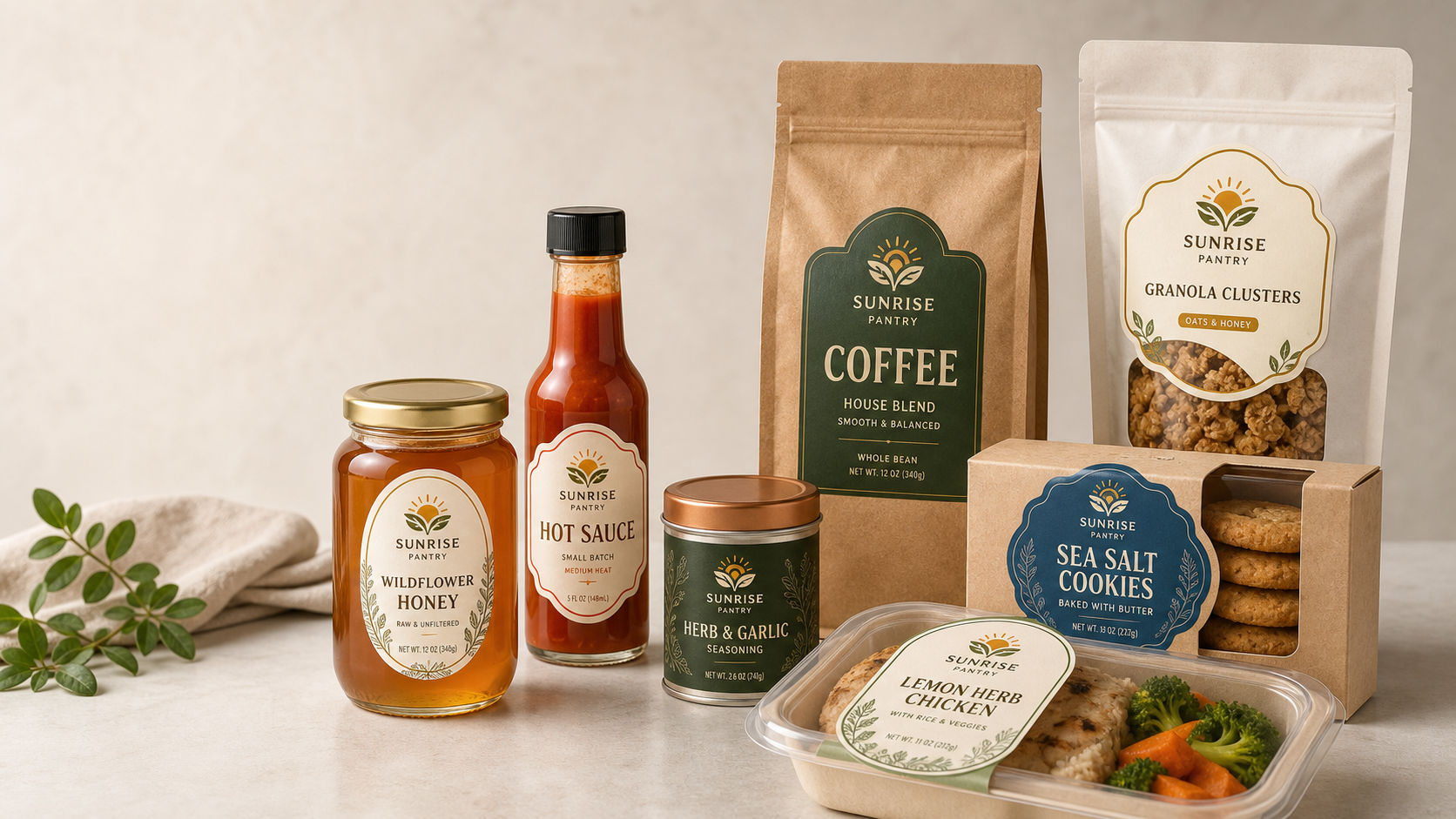 Custom Food Labels for Jars, Bottles, Bags, Boxes, and Food Packaging Custom food labels on glass jars, bottles, kraft pouches, bakery boxes, and meal prep containers - Sunrise Pantry branded specialty food products