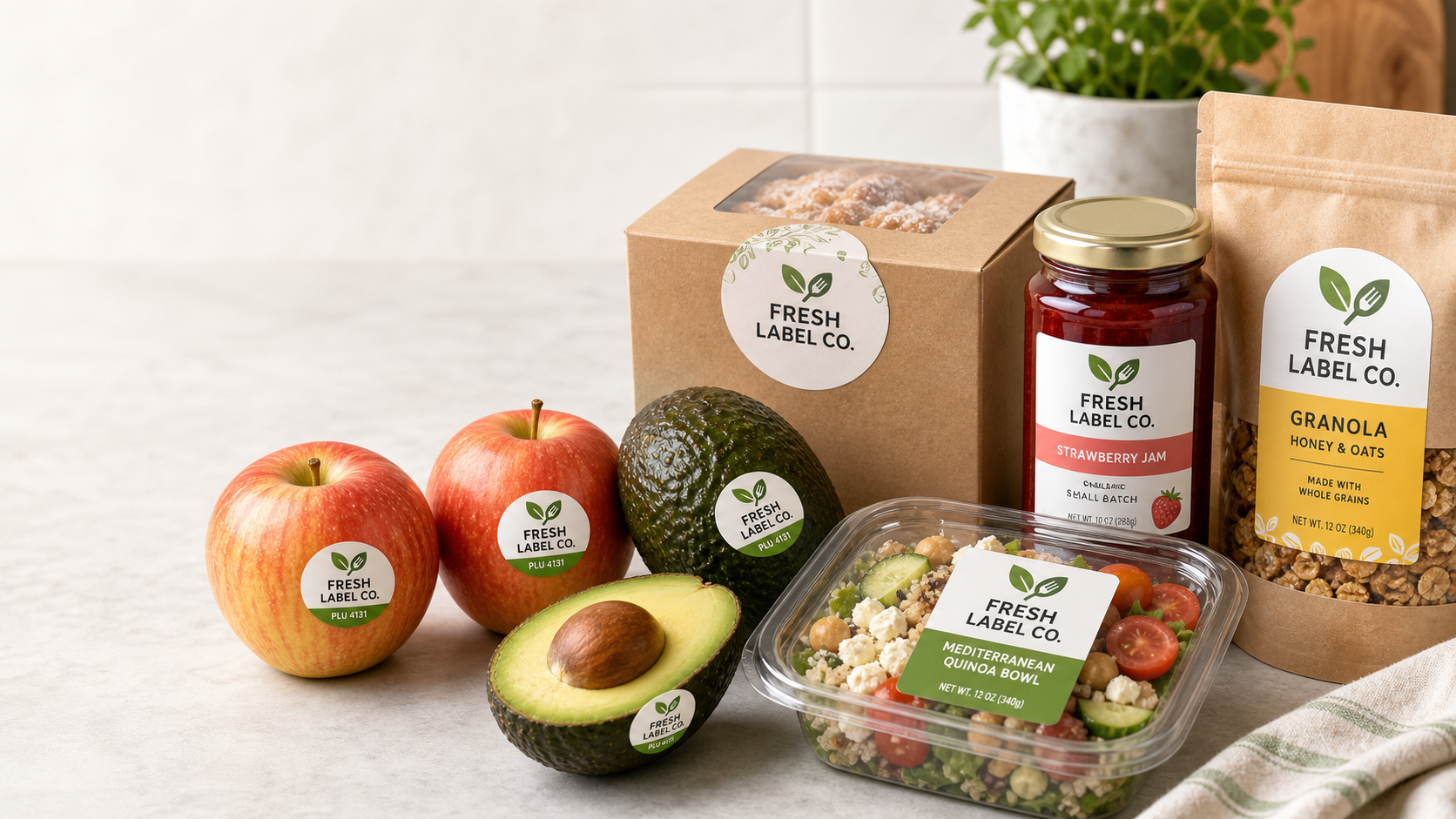 Custom Food Stickers and Labels for Produce, Bakery, and Food Packaging Custom food stickers and labels on fresh produce, bakery boxes, jars, and meal prep containers - Fresh Label Co. branded stickers for retail and packaged foods