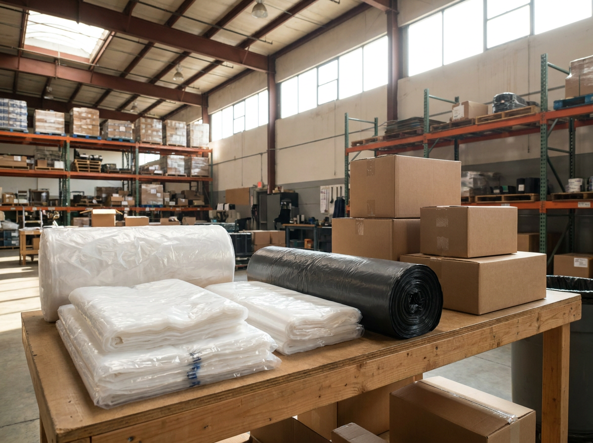 How to Choose Poly Bags and Liners for Warehouse Use Clear poly bags and a roll of heavy-duty liners on a warehouse packing table