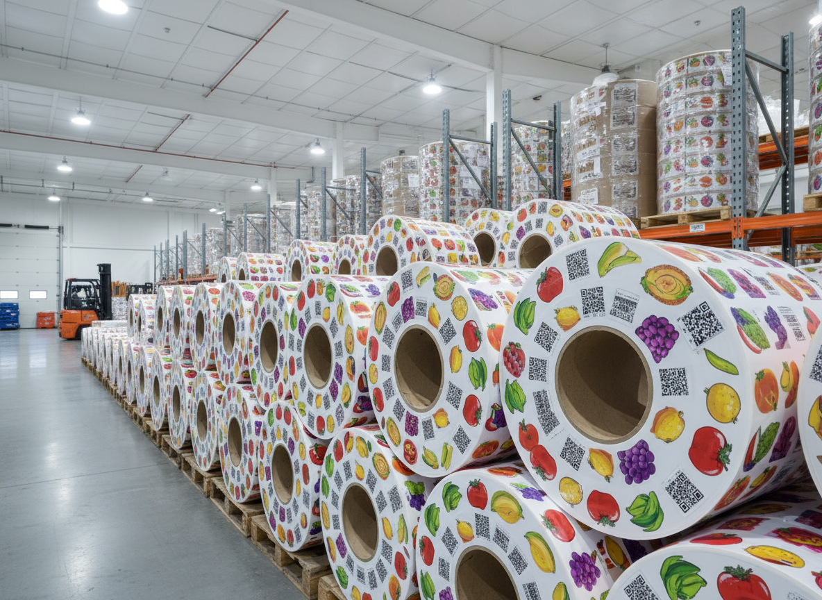Bulk Wholesale PLU Label Rolls - Custom Produce Sticker Manufacturing by American Price Mark, Florida Large rolls of custom printed PLU label stickers in a warehouse - bulk wholesale produce labels, fruit stickers inventory, label manufacturing facility, Florida USA