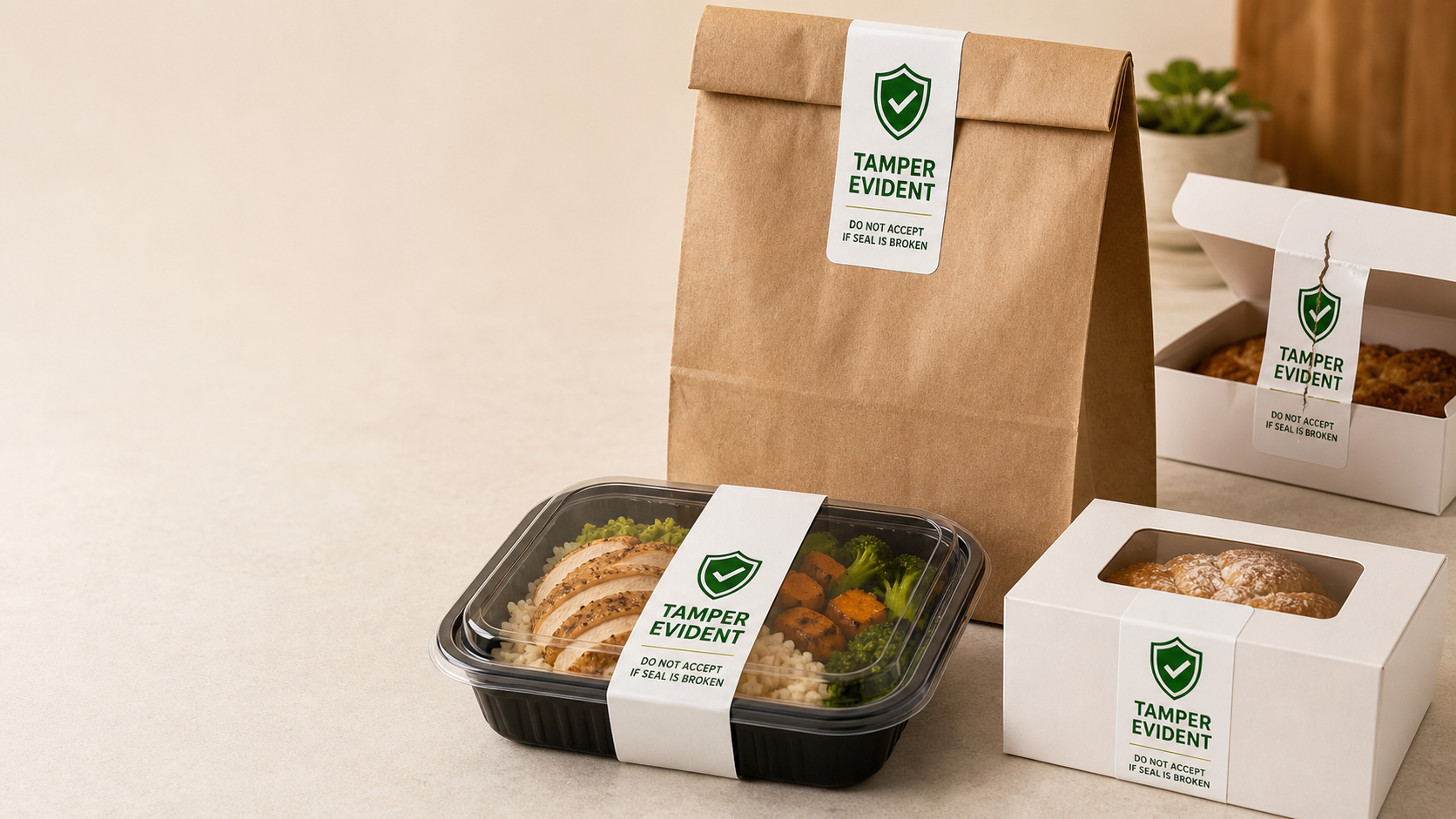 Tamper-Evident Food Labels for Delivery Bags, Clamshell Containers, and Bakery Boxes Tamper-evident food labels on kraft paper delivery bags, clamshell meal prep containers, and bakery boxes - Do Not Accept if Seal is Broken security labels