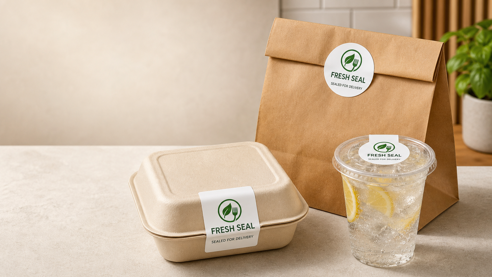 Food Delivery Seals for Restaurant Takeout Bags, Clamshell Containers, and Beverage Cups Food delivery seals on restaurant takeout bags, clamshell containers, and beverage cups - Fresh Seal branded delivery packaging for sealed takeout orders