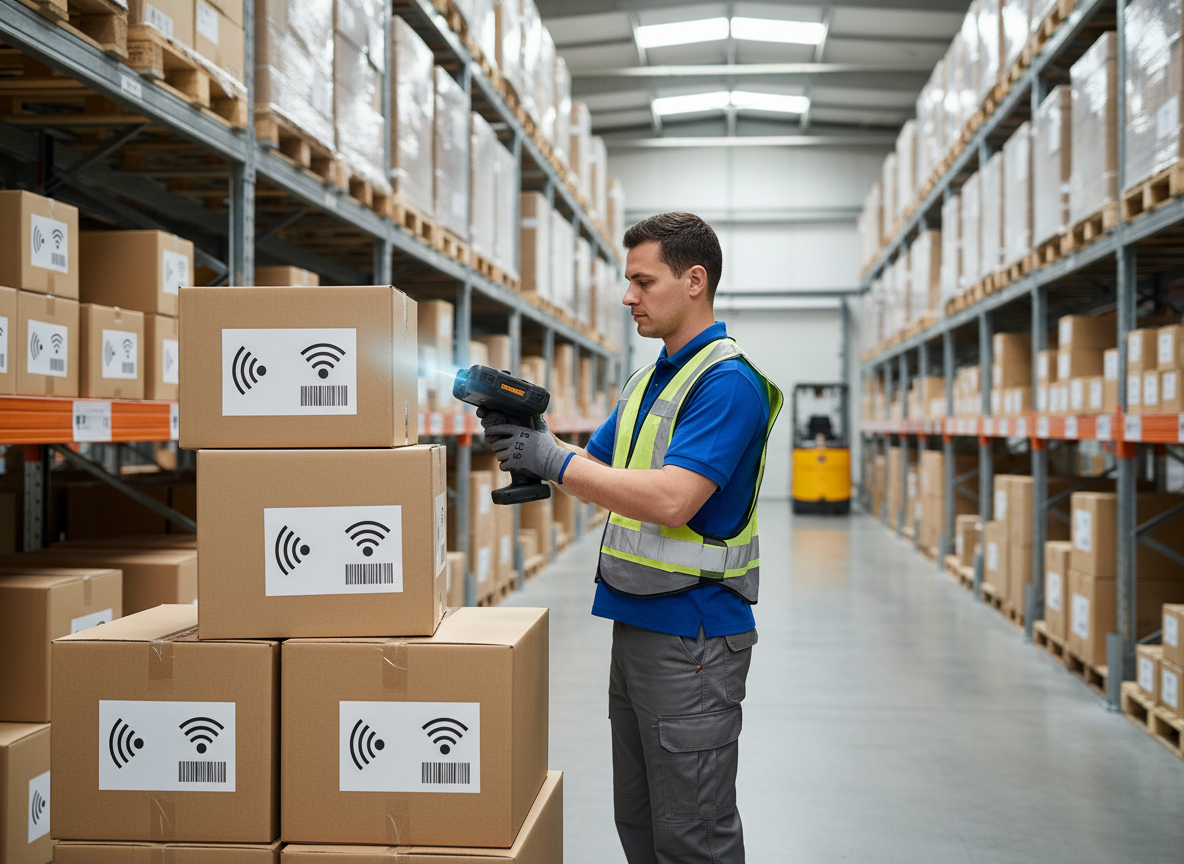 Worker using RFID scanner for warehouse inventory tracking
