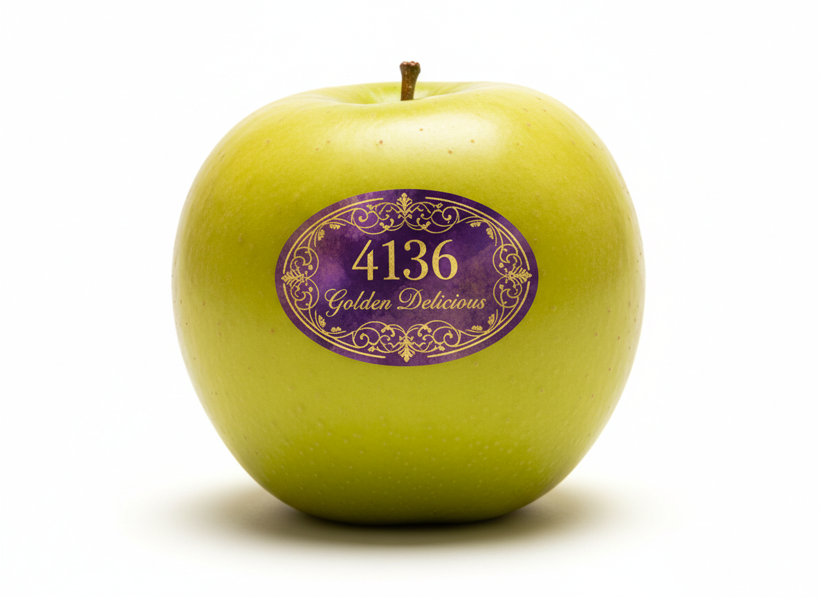 Golden Delicious apple with custom PLU 4136 sticker label