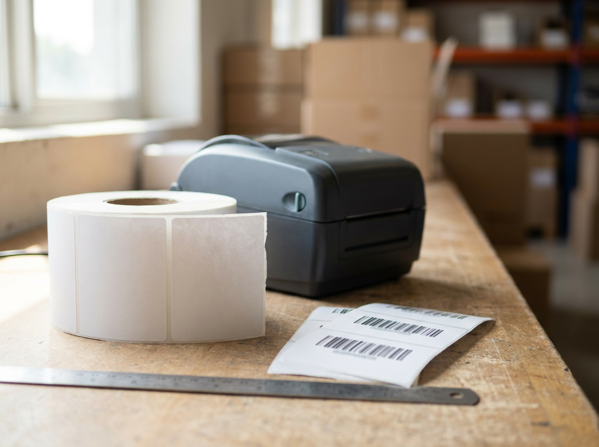 Barcode Label Sizes for Shipping and Retail Products: How to Choose Roll of blank white barcode labels and a thermal label printer on a warehouse packing bench with printed labels fanned out beside a ruler