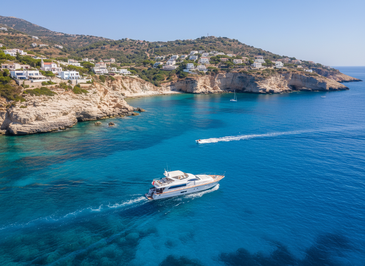 Luxury yacht on Mediterranean coast representing premium travel management