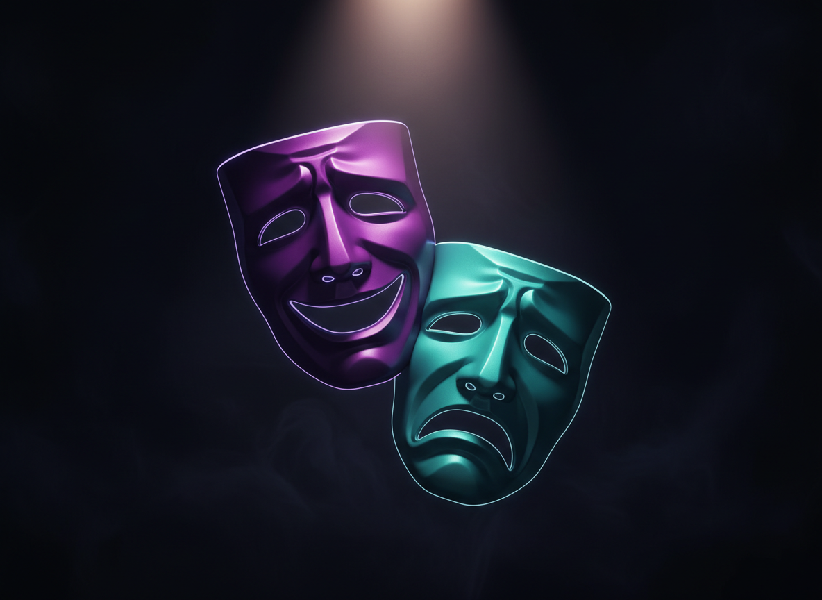 Theatre comedy and tragedy masks in purple and teal — CurtainCall Ticketing by Metorox Software