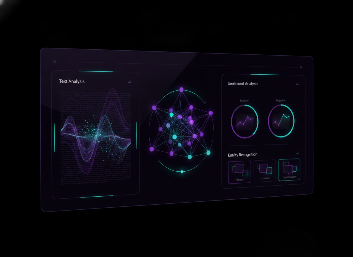 NLP software technology visualization with neural network nodes and sentiment analysis